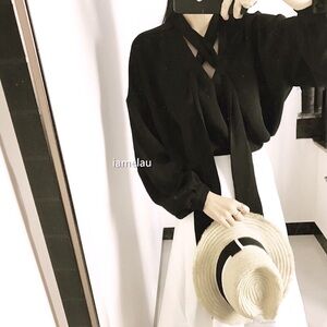 Designer Black Chiffon V-neck Feature Blouses